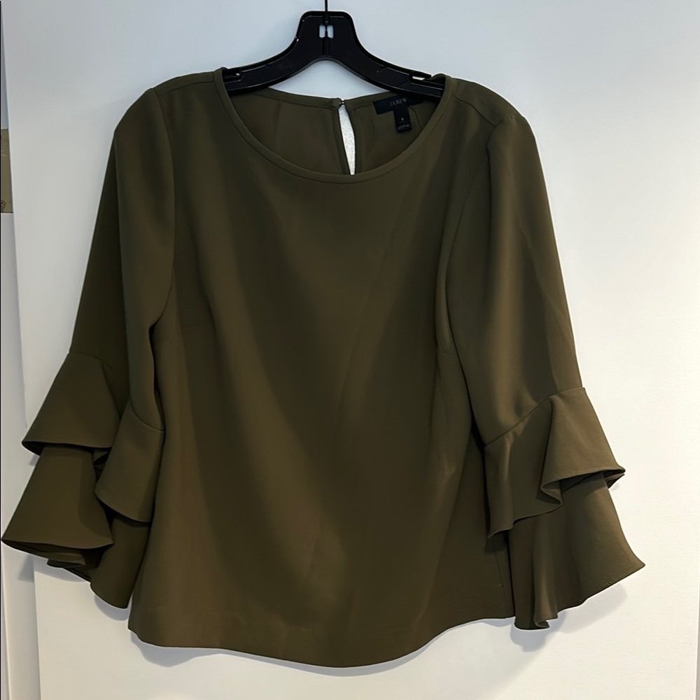 J. Crew Green Ruffled Bell Sleeve Blouse With Back Three Button Detail